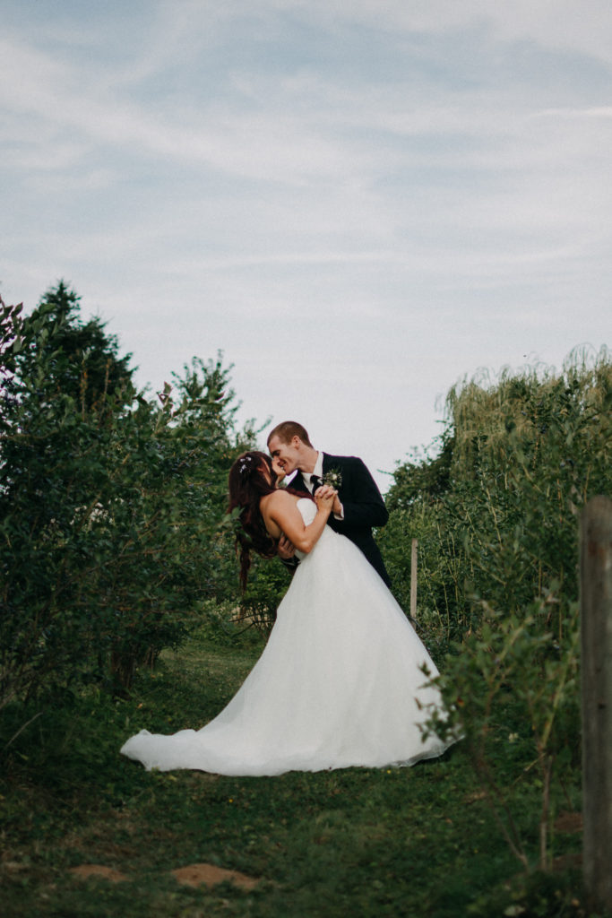 Bride and groom kissing in a blueberry field