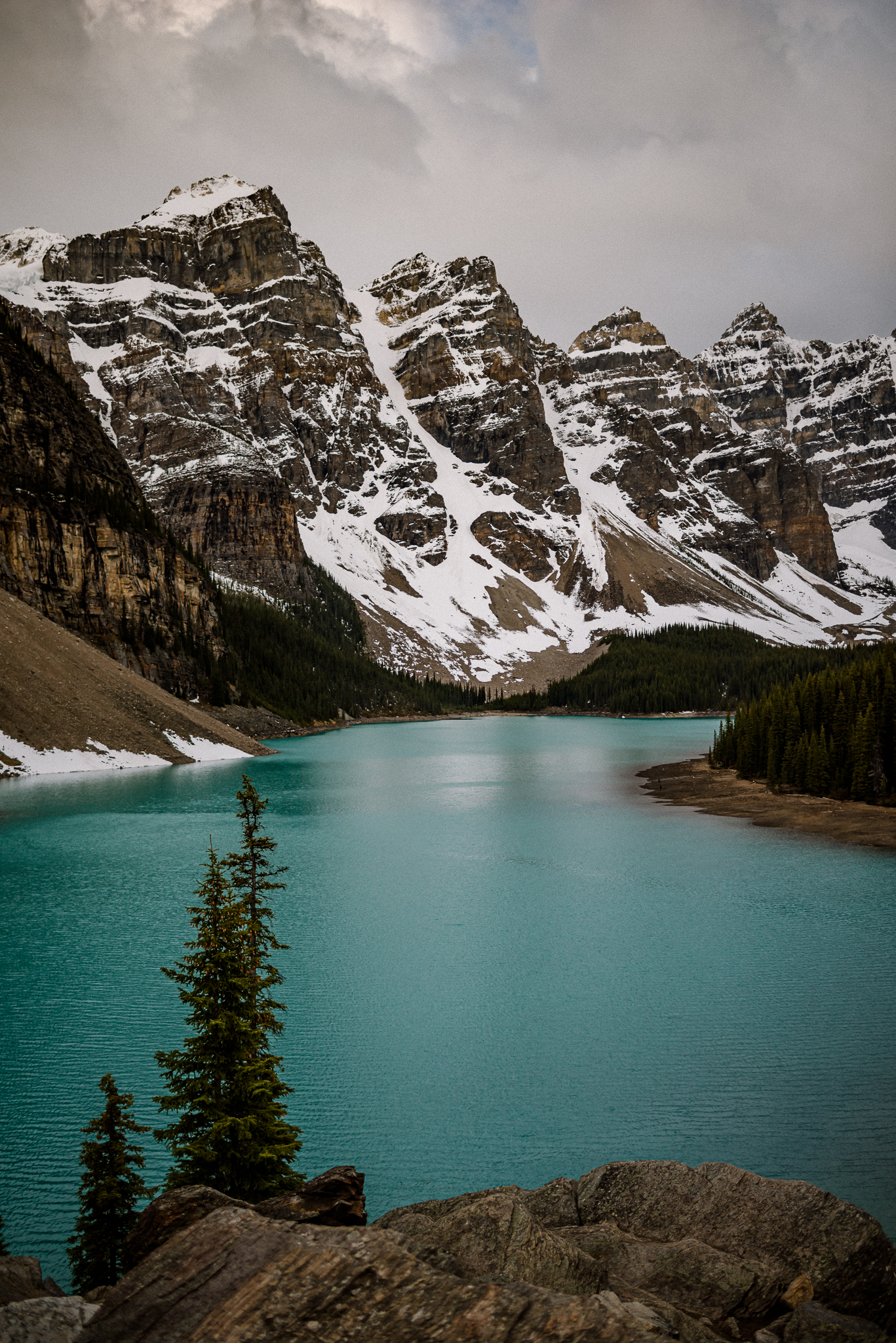 Landscape shot of Moraine Lake, Alberta with trees in foreground