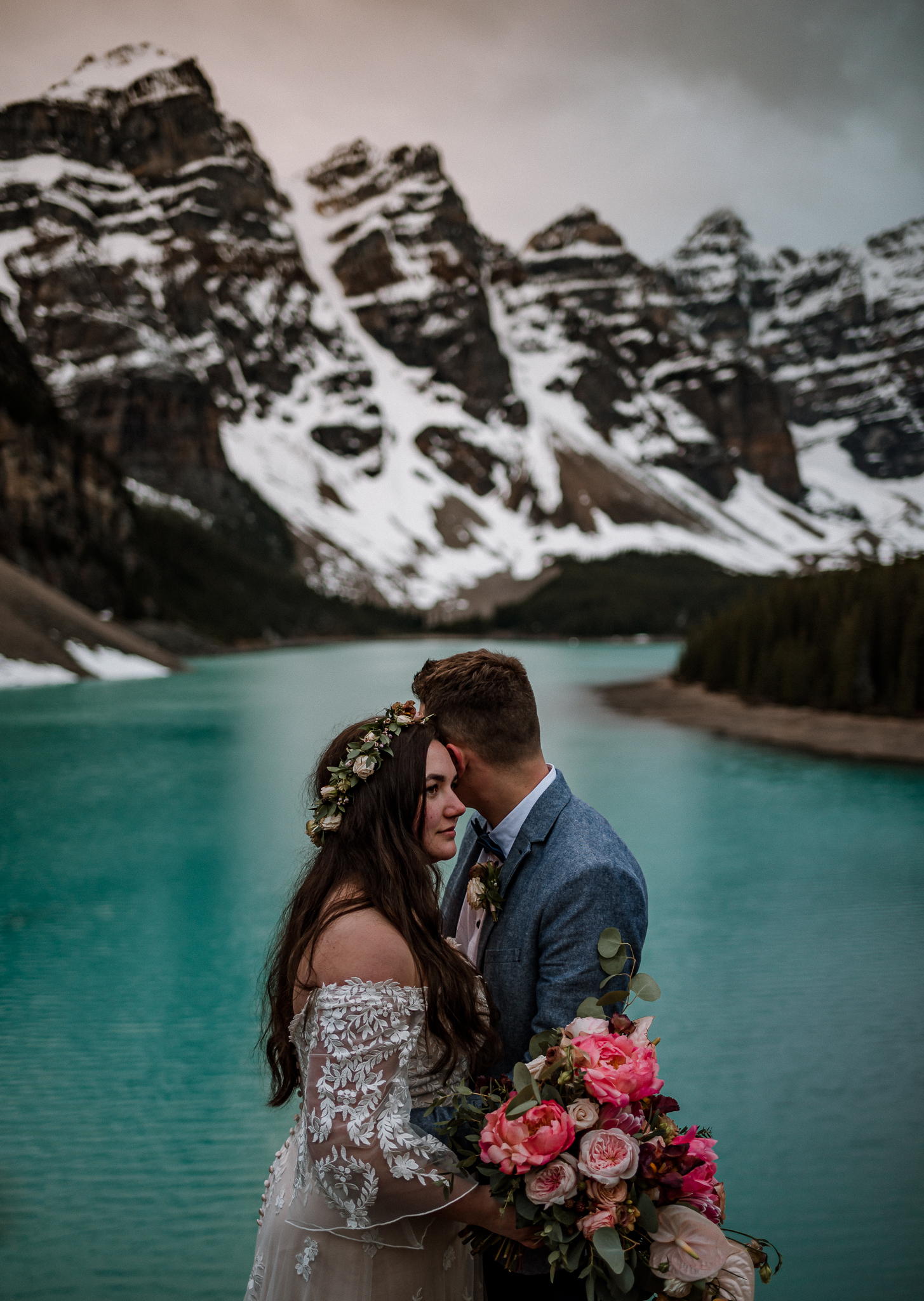 Close up of bride and groom at Moraine Lake, Alberta